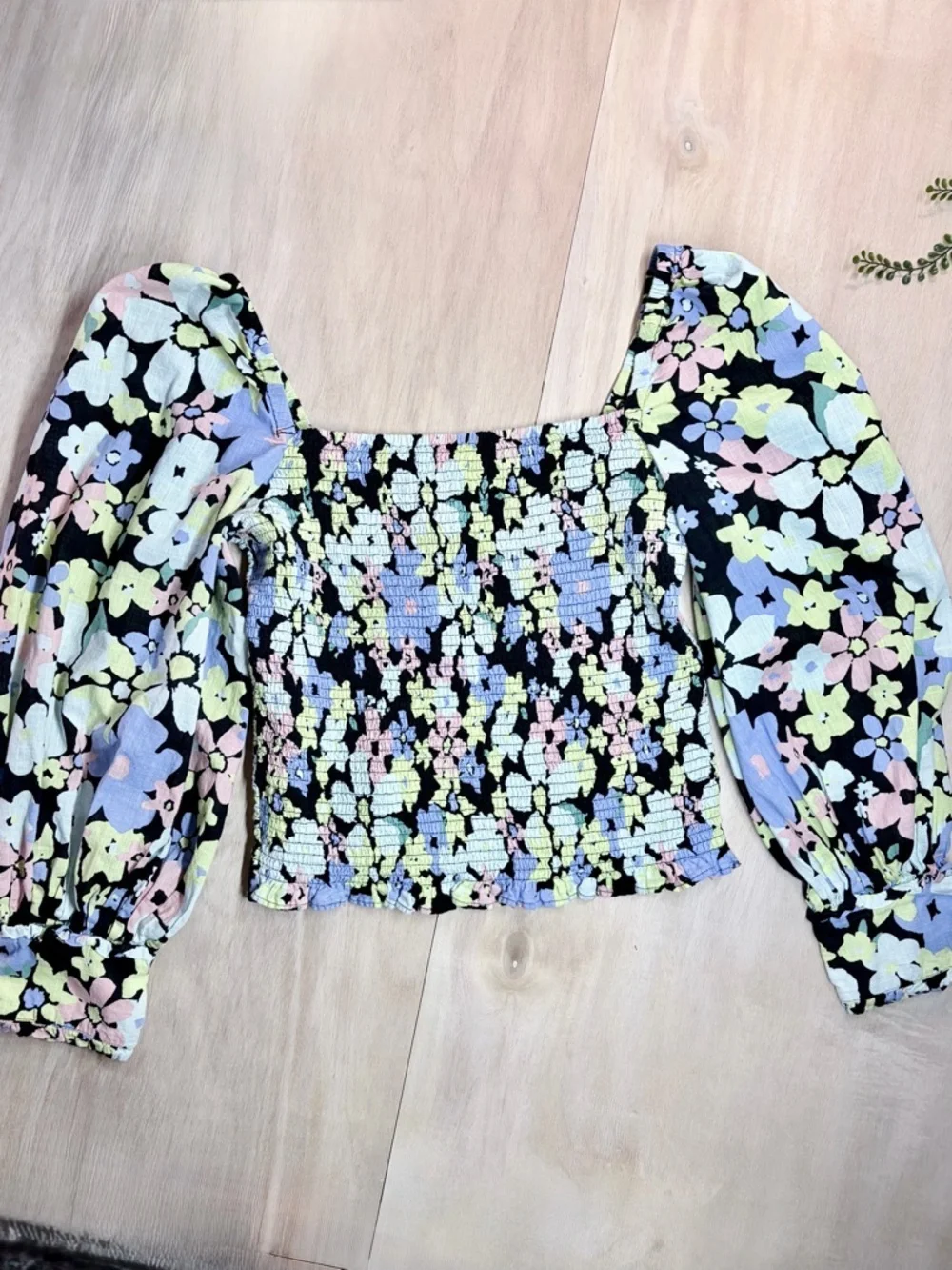 Free People Ariana Smocked Top Pastel Floral Puff Balloon Sleeve Large